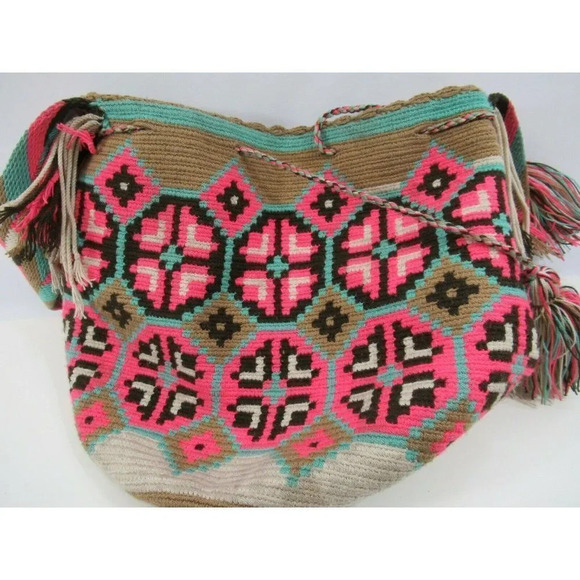 Wayúu Mochila Bag Purse Handbag Bucket Shoulder Straps Colombian Pink Teal Woven - Picture 4 of 8